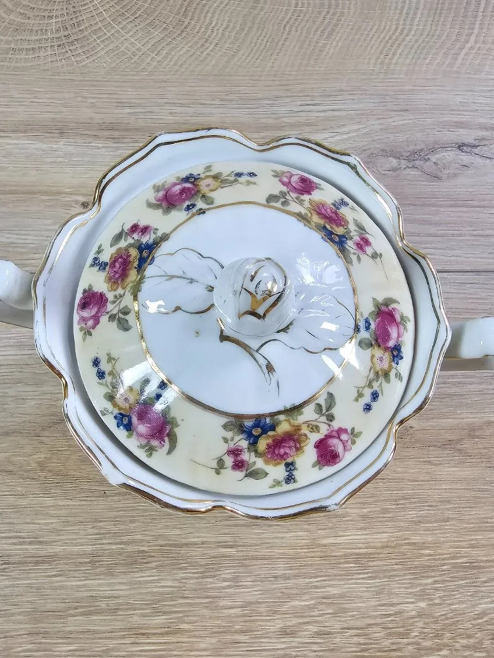 Gold Castle Hostess Sugar Bowl with Lid and Saucer Plate Floral Vintage Japan